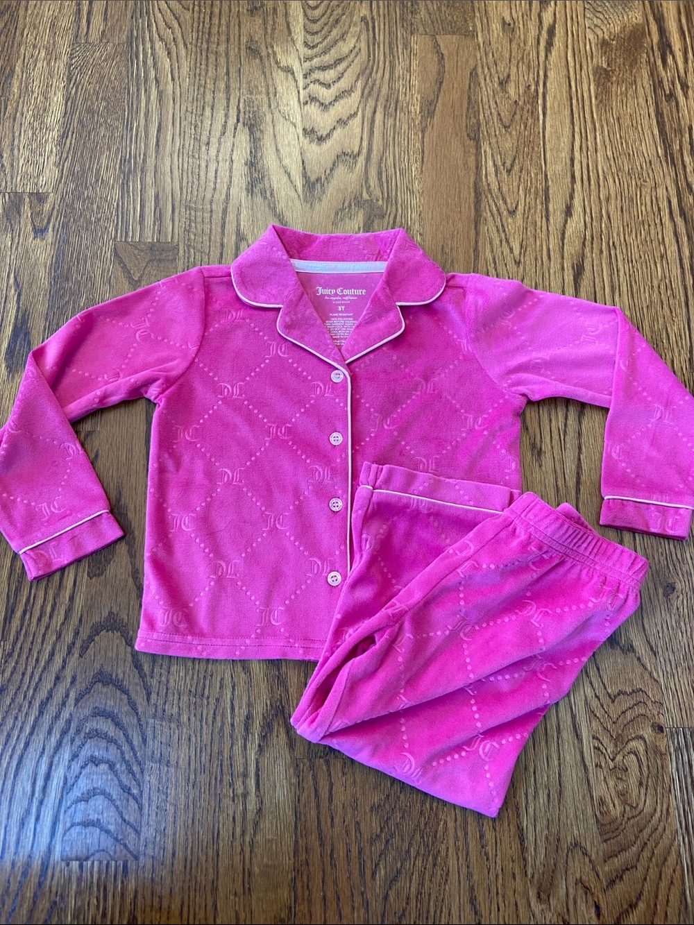 Juicy Couture Bright Pink Velour Button-Front Pajama Set, 3T,‎ NWOT